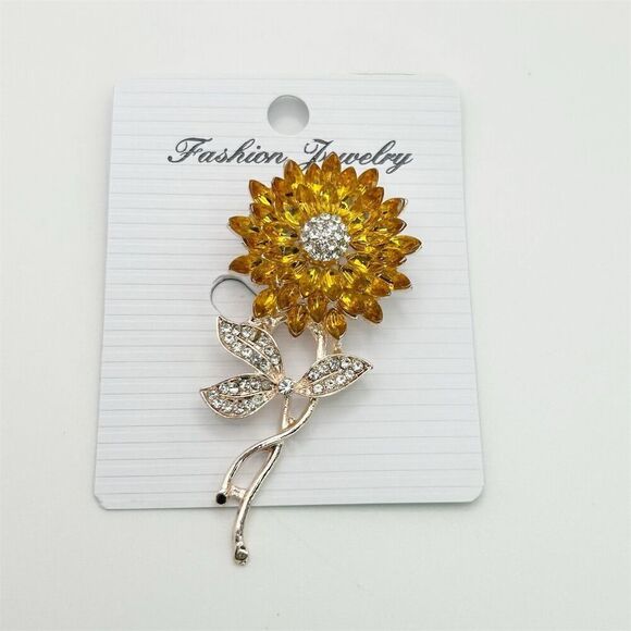 Beautiful Statement Sunflower Brooch Gold Tone with Rhinestones Vibrant Sunshine - Picture 2 of 7
